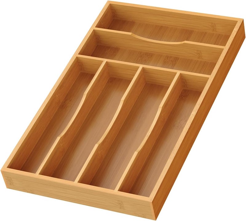 Bayting Bamboo Silverware Organizer, Bamboo Kitchen Drawer Cutlery Organizer, Utensil Holder, Flatware Organizer Tray (15.8"x9.5"x1.6") - Image 1